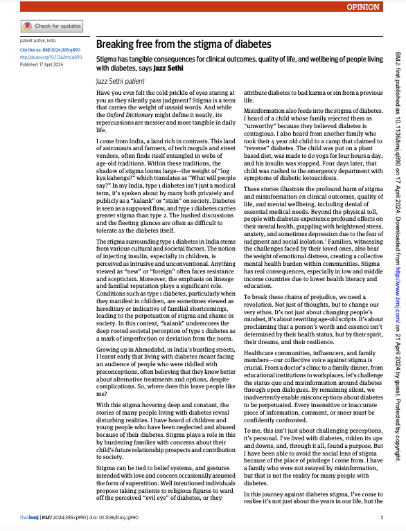A brilliant article in the @bmj_latest via one of the strongest #T1Diabetes advocates globally Showcasing issues with #T1D in a settling like India- with themes that resonate in any country, including the #NHS Highly recommended read on a Sunday morning bmj.com/content/385/bm…