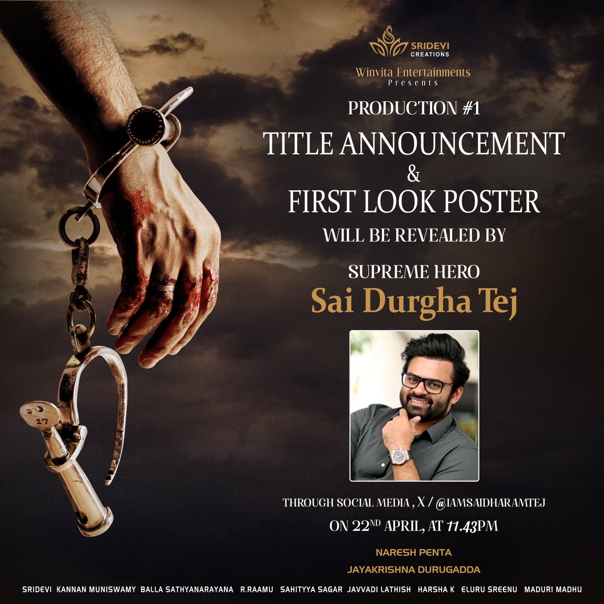 We are official digital partners for this film.. thanks to director #Naresh Anna 

SreeDeviCreations - @winvitaa  Presents ProductionNo1 - Title Announcement & First Look Poster Launch by Supreme Hero @IamSaiDharamTej Tomorrow at 11:43 PM ! ❤️‍🔥 

#SreeDevi #KannanMuniswamy…