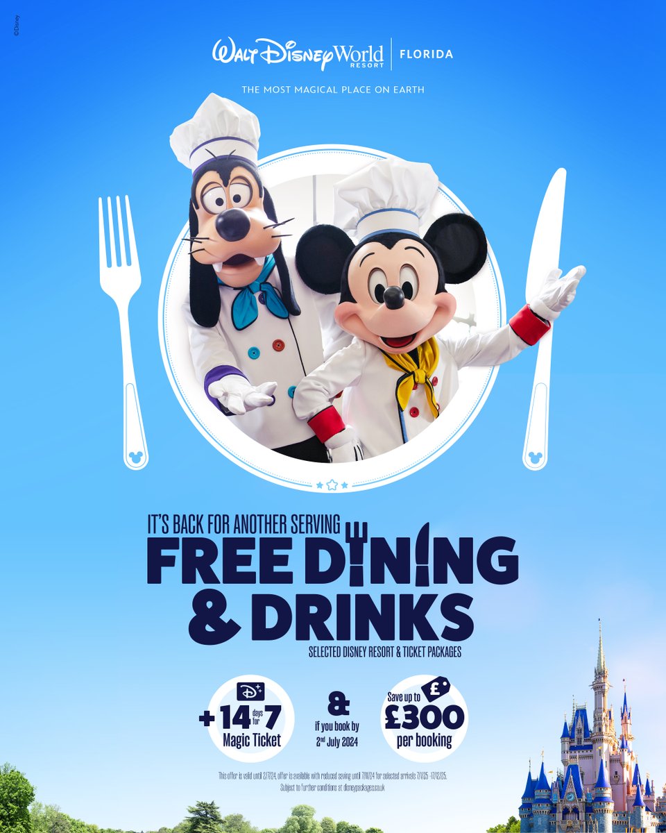 Cafe_Mickey's tweet photo. De boekingen voor Walt Disney World met gratis dineren, drinken en meer voor 2025 zijn nu geopend! 🏰✨🥂
Kijk hier voor de prijzen en informatie: ➡️ https://t.co/s47EoUtMk4
(Iedereen uit Europa mag deze aanbieding boeken!) #WaltDisneyWorld #MagicalOffer  #FreeDining https://t.co/o3tFip36TN