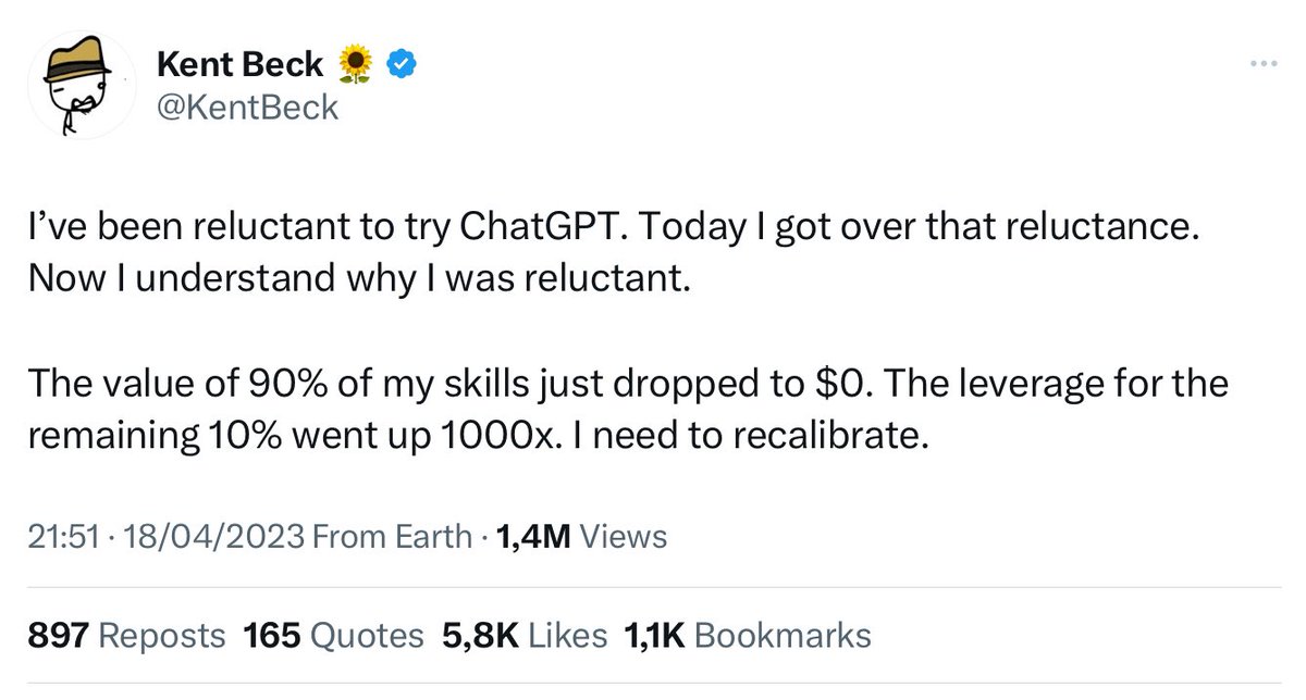 @mariofusco @heinzkabutz Reminds me of this @KentBeck tweet. In a tech world where AI redefines our value, obtaining that crucial 10% of expertise is a a huge challenge for junior developers!