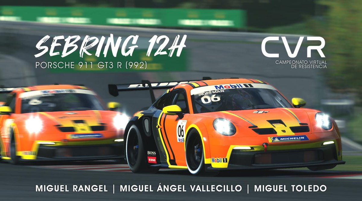 🏆 CVR / Sebring 12h 🏆

🚗 Porsche GT3
⏰ 10:00

Da comienzo un nuevo campeonato de resistencia de la <a href="/DriversparadeCb/">Drivers Parade Club</a> , el cual esperábamos con muchas ganas!! 
Aquí os dejamos los pilotos para hoy:

✈️ <a href="/mavallecillo/">Miguel Á. Vallecillo</a>
✈️ <a href="/mcereceda_02/">MiCeTortilla</a>
✈️ <a href="/M_RangelG/">Miguel🌪️</a> 

#GoSukoi 🔥