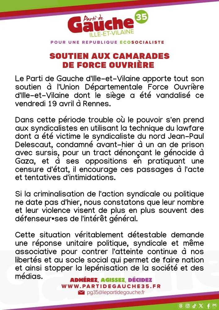 Le Parti de Gauche d'#IlleetVilaine  apporte tout son soutien à l'Union Départementale Force Ouvrière d'Ille-et-Vilaine dont le siège a été vandalisé ce vendredi 19 avril à #Rennes.

La situation actuelle du pays demande réponse unitaire, politique, syndicale et associative.