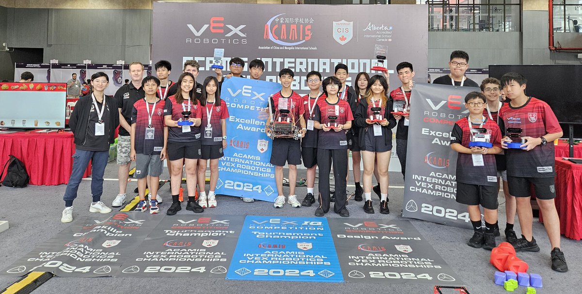 markdthorne's tweet photo. TIS ROBOTICS TEAM now ACAMIS CHAMPIONS won 1st Place in VRC, IQ, and GO divisions. With a total of 10 trophies coming home today! Go Tigers! #tismacao https://t.co/o8x0SSXwdo