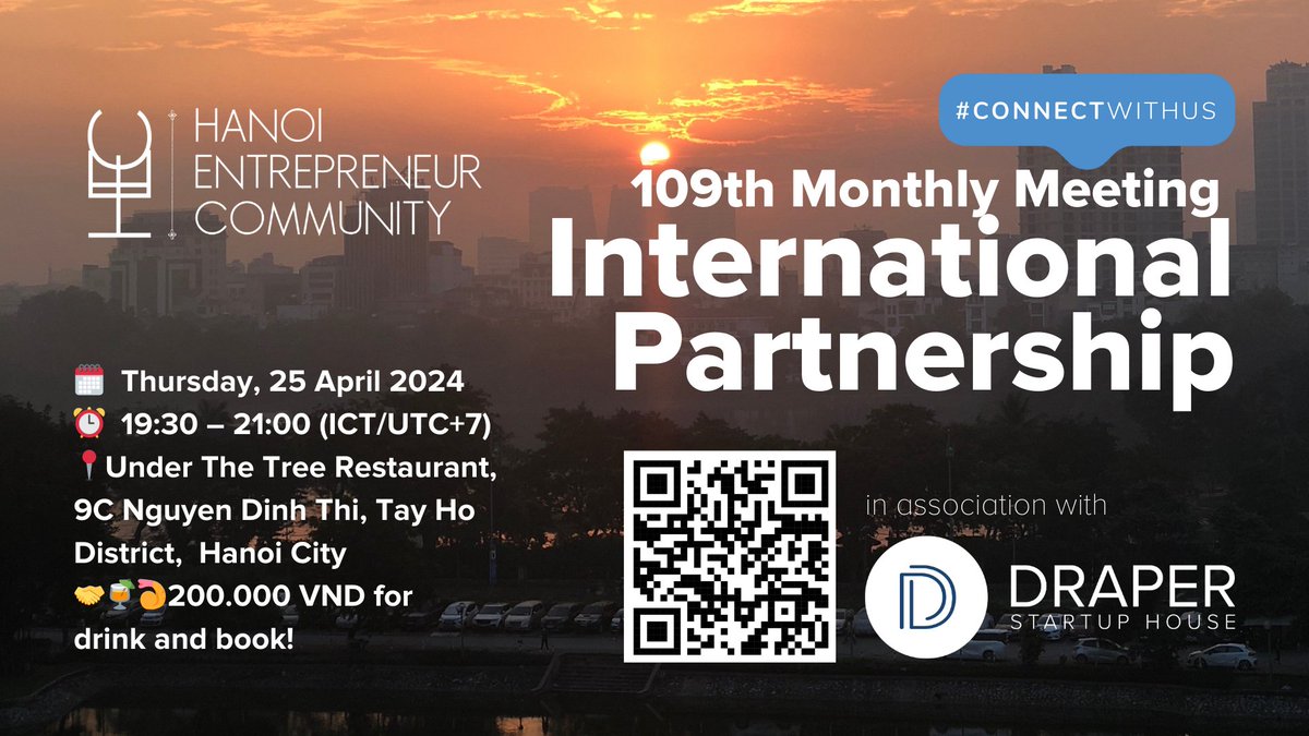 A Business Thursday networking meetup in Hanoi with Draper Startup House and Hanoi Entrepreneur Community 🗓️ Thursday, 25 April 2024 ⏰ 19:30 – 21:00 (UTC+7) 📍dshhec20240425.eventbrite.sg/?aff=dsh 🤝🍹🍤200.000 VND for drink and book!