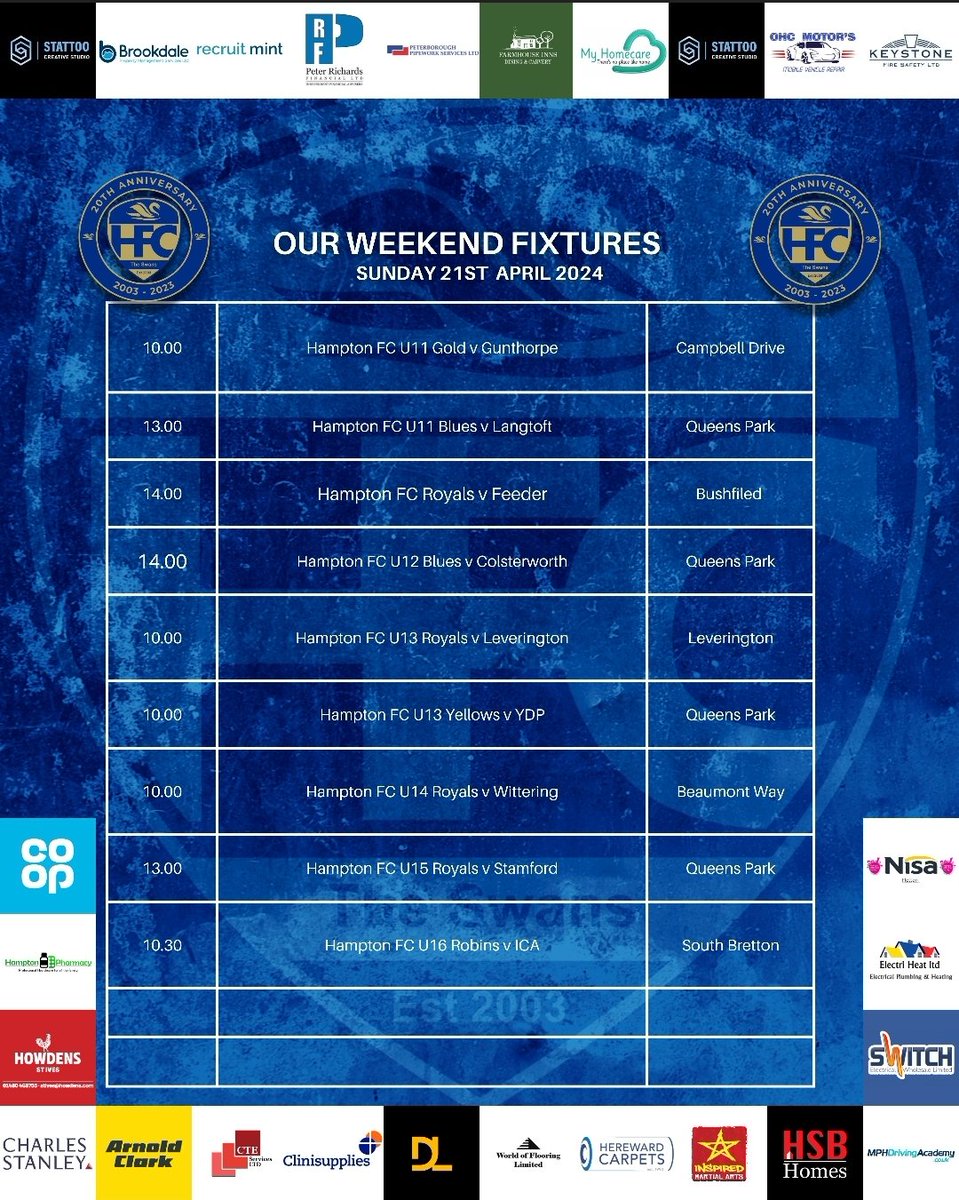 HamptonFCPeter1's tweet photo. Good luck to all of our Teams who are playing matches today.

Enjoy.

BIG thanks to all of our wonderful Sponsors.

@HuntsFA 
@PDJALUK https://t.co/nplewTdkqT