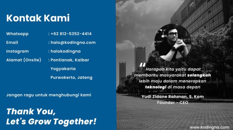 Info loker :
Mengurus perpajakan- perpanjangan dan kontrak baru dengan vendor.
Kirim lamaran di hiring@kodingna.com / dm admin di IG
Subject : Lamaran-tax2024

“Biar ada kerjaan sampingan gak stalking mulu”