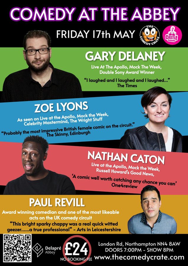 Just one last gig in April with Tom Ward in Leighton Buzzard and then it is our monster month of May. May brings @GaryDelaney @zoelyons @scottbcomedyuk @callybeaton @Halcruttenden @nickpagecomedy to the East. As ever your host @Revillations will MC. Tix castlecomedy.co.uk/upcominggigs