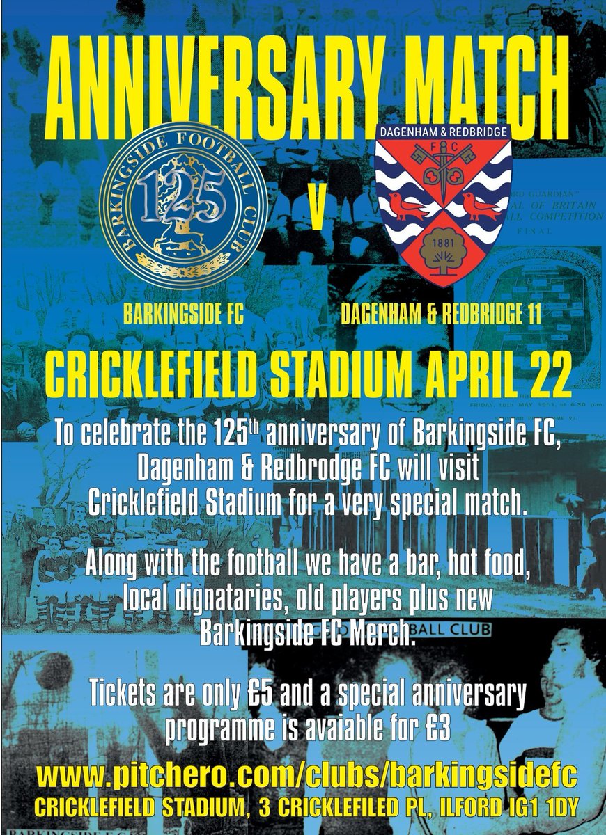 Tomorrow - To celebrate our 125th Anniversary 🎉 this year we will be facing @Dag_RedFC at Cricklefields 🏟 in a friendly tomorrow night. Kick-off for what should be a night full of history and memories will be at 7:45pm. Food and merchandise will be avaliable too. #CmonSide 👏