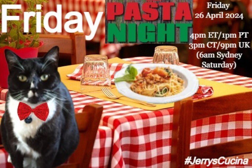 Folks, its Pasta 🍝 Night this coming Friday at #JerrysCucina Be dere or be square. All welcome 🙏 #CatsOfTwitter #DogsofTwitter #Anipals #Stuffies #Furrytails #Hedgewatch #ZSHQ #CatsofAnarchy #TheRuffRiderz #TheAviators @cathiebun @TJS12145