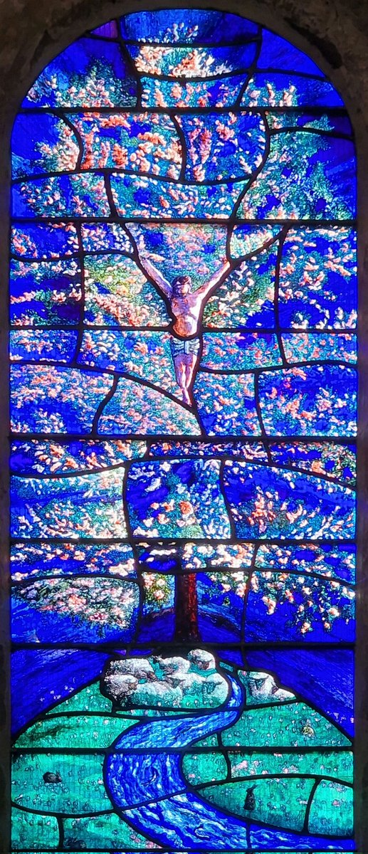 It's exactly the right time of year for this wonderful #StainedGlassSunday window at Iffley, #Oxford, by Roger Wagner, flanks the famous John Piper window showing the Nativity with one showing Christ crucified on a flowering tree - a short 🧵 for details below.