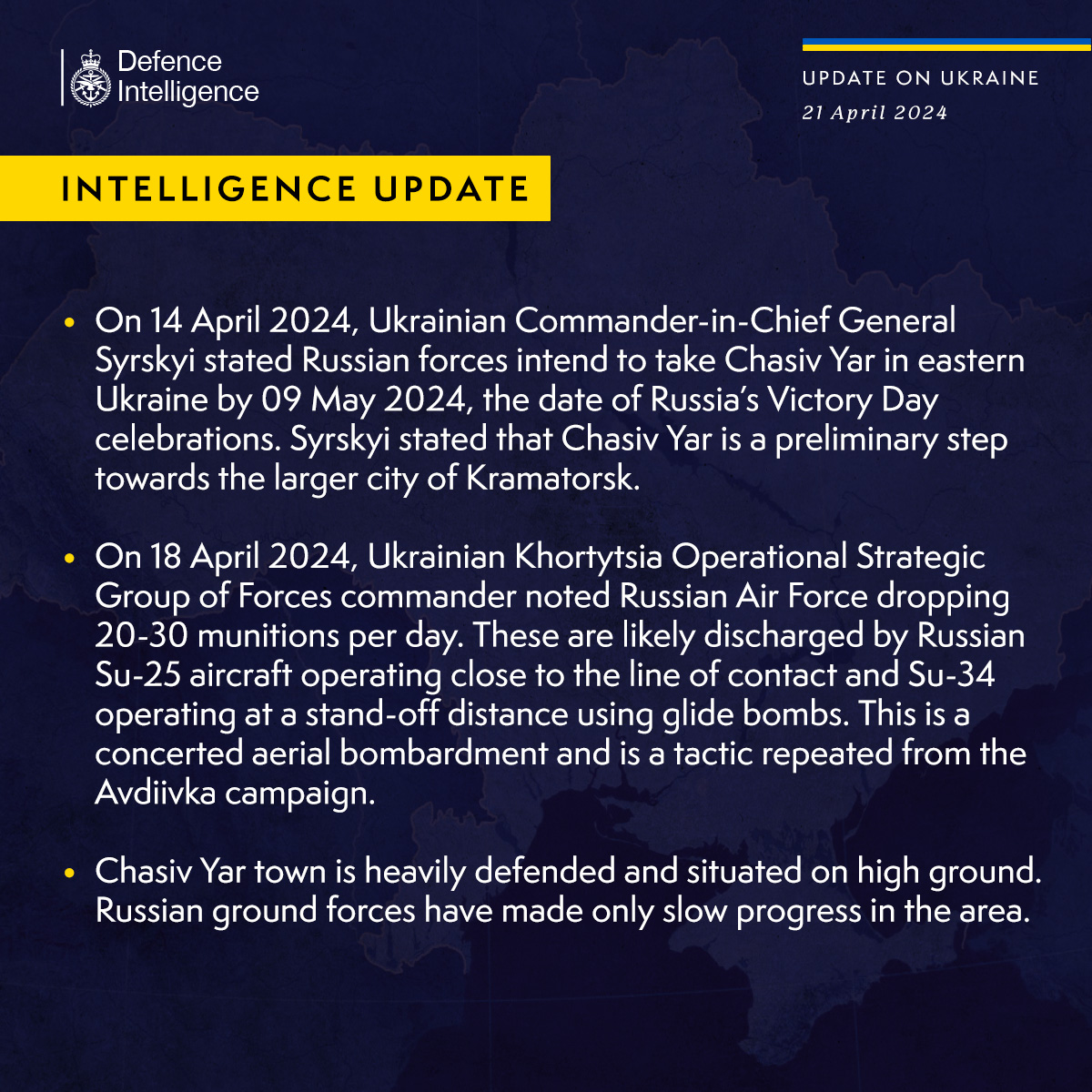 Latest Defence Intelligence update on the situation in Ukraine – 21 April 2024. Find out more about Defence Intelligence's use of language: ow.ly/3Jyl50RklxL #StandWithUkraine 🇺🇦