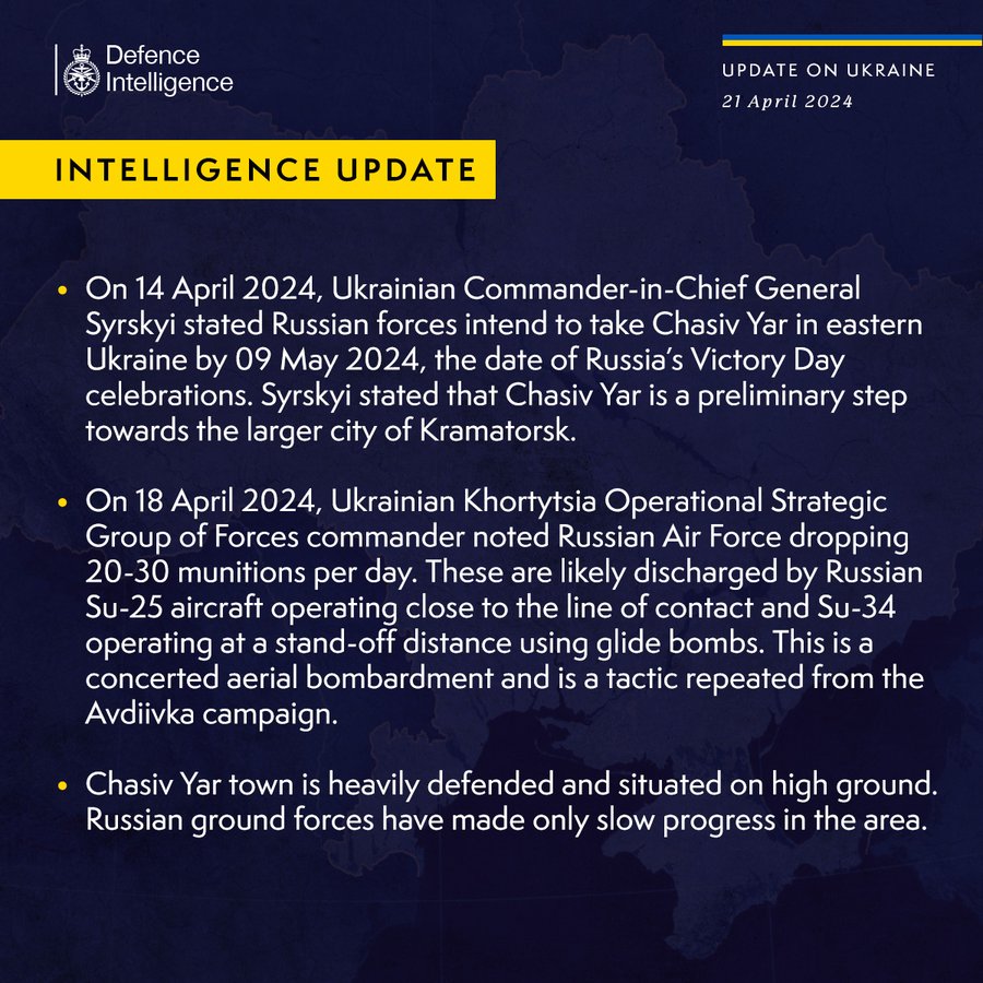 On 14 April 2024, Ukrainian Commander-in-Chief General Syrskyi stated Russian forces intend to take Chasiv Yar in eastern Ukraine by 09 May 2024, the date of Russia’s Victory Day celebrations. Syrskyi stated that Chasiv Yar is a preliminary step towards the larger city of Kramatorsk.On 18 April 2024, Ukrainian Khortytsia Operational Strategic Group of Forces commander noted Russian Air Force dropping 20-30 munitions per day. These are likely discharged by Russian Su-25 aircraft operating close to the line of contact and Su-34 operating at a stand-off distance using glide bombs. This is a concerted aerial bombardment and is a tactic repeated from the Avdiivka campaign.Chasiv Yar town is heavily defended and situated on high ground. Russian ground forces have made only slow progress in the area.