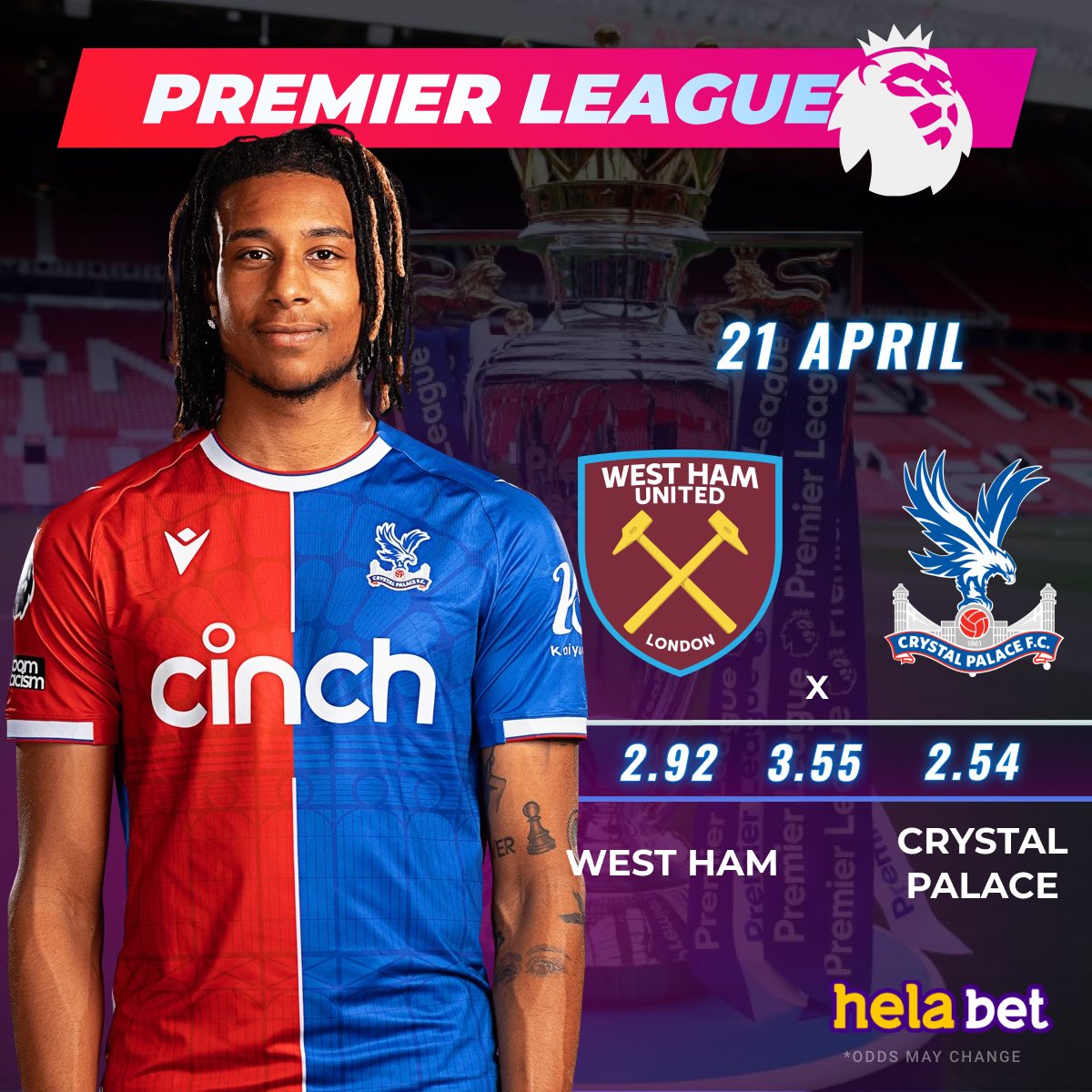 🇬🇧 Premier League 🦁 ⚽ West Ham vs Crystal Palace 👉 In the last three head-to-head matches, Crystal Palace did not lose to West Ham.  How will today's match end❓ 👍 Place your bet in #Helabet 👉 cutt.ly/UwY8h1uG #epl #westham #crystalpalace #premierleague