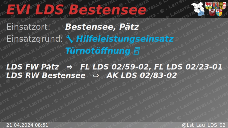 🚨 21.04.2024 08:51 🔧 🚪  H:Türnotöffnung 🌐 Bestensee, Pätz 🚒 ⇨ FW Pätz wachalarm.leitstelle-lausitz.de/dbrd/a9f9cd4e-…