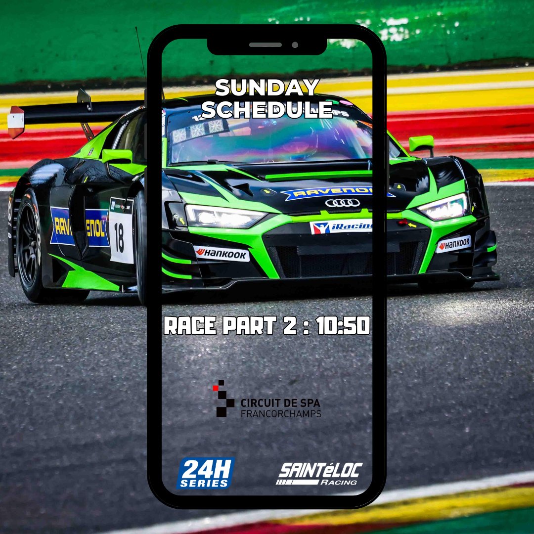 Bonjour @circuitspa 🇧🇪 #12HSpa Race Part 2 will start at 10:50 for our #18 Audi R8 LMS GT3 Live 🎥 youtube.com/watch?v=yw1r7K… #24HSeries 📷 @24HSERIES