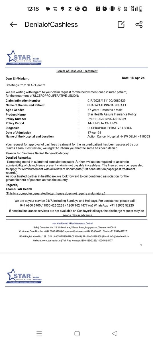 devesh_bhatt's tweet photo. Now they are telling me to sign an undertaking and visit your office in Delhi and leave my father alone in the hospital.
 I already had to pay a big amount to the hospital to continue the treatment.
This is harassment and I really request the kind authorities to look into this. https://t.co/78RDcYKRfi