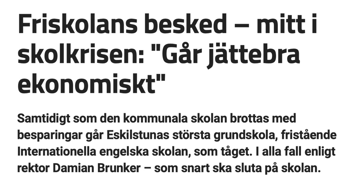 Skolinkvisition's tweet photo. Skolans resursfördelningssystem är konstruerat så att den enes död (i det här fallet kommunala skolan i Eskilstuna) blir den andres bröd (i det här fallet riskkapitalbolaget som äger IES). Kullarna går ner, kommunen kan inte skära så mycket som krävs, ägarna tjänar mer. *tråd* https://t.co/IlM5jkjUTV