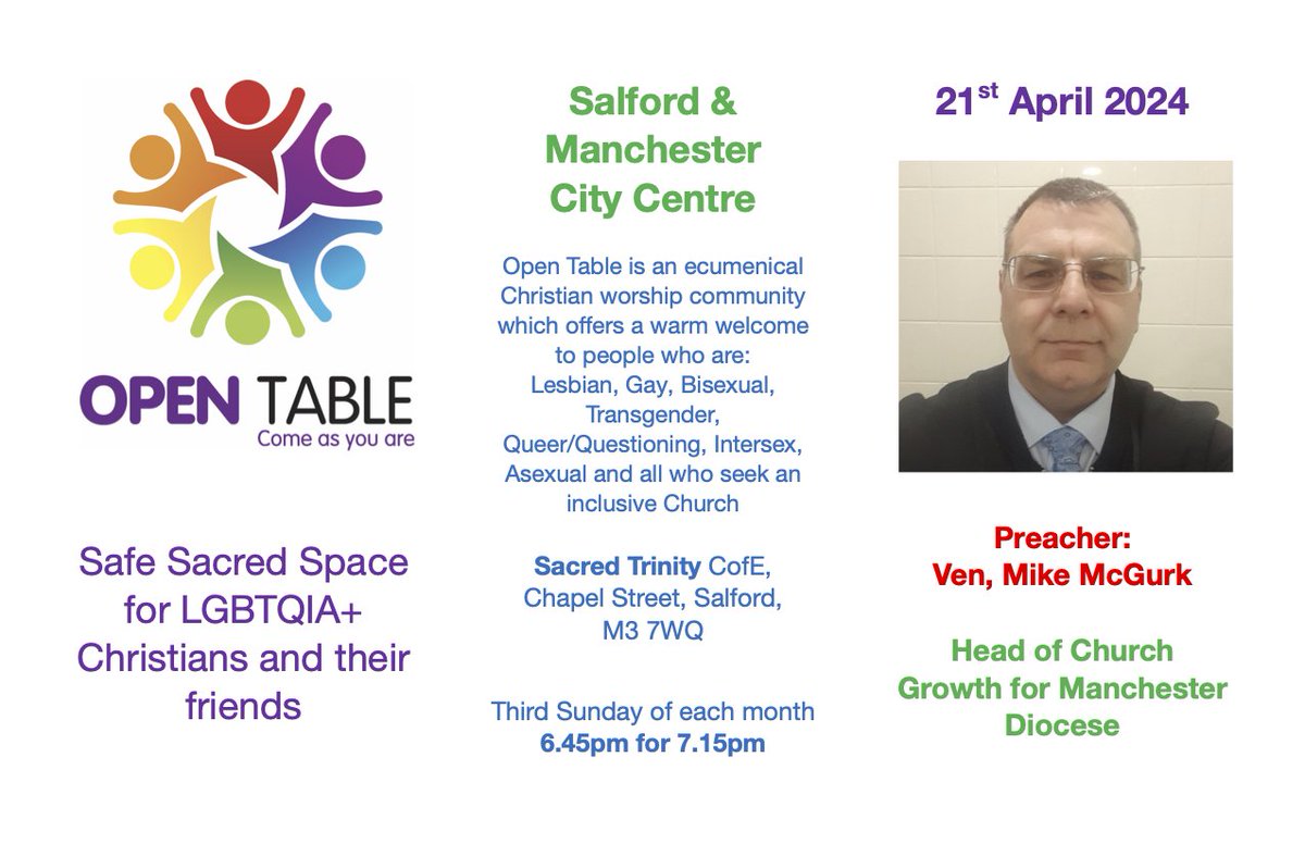 Tonight we have our monthly @opentablelgbt service with guest preacher Mike McGurk. We're really looking forward to it. Arrive from 6.45pm for a 7.15pm start. All are welcome - Come as you are!