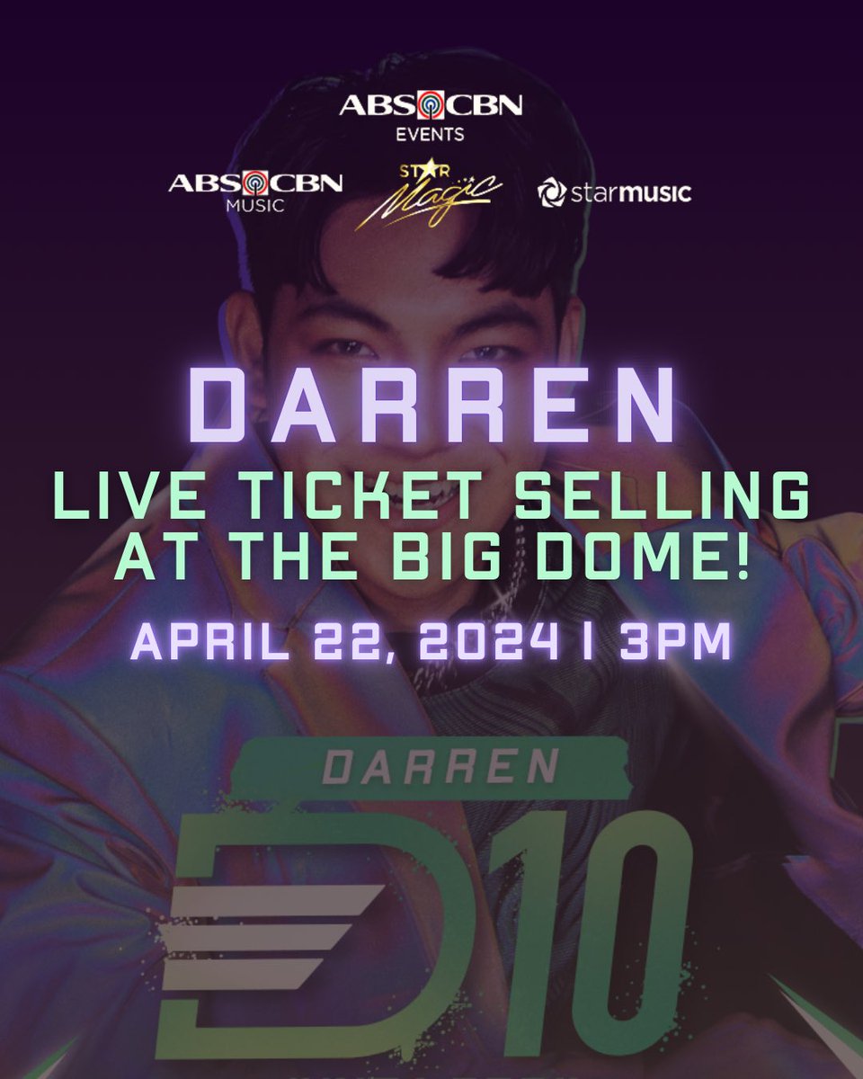 StarMusicPH's tweet photo. DARRENATICS, TOMORROW IS YOUR LUCKY DAY! 💚

@Espanto2001 himself will be handling #D10’s concert ticket selling at @TheBigDome, 3PM 😍 May ticket ka na? Bili ka ulit para sa family and friends mo 😉 

#DARREN #ABSCBNEvents #StarMusicPH https://t.co/6mpyPoQg8Z