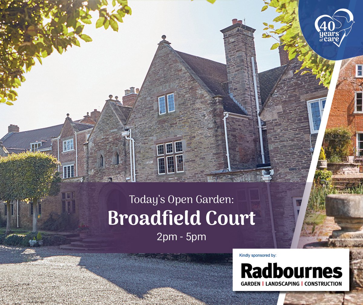 Today...

Broadfield Court Open Garden 🌷Join us today and dive into the storied legacy and Rich History of Broadfield Court

Full details: bit.ly/SMH_OG_Broadfi…

Full Open Gardens 2024 programme: 
st-michaels-hospice.org.uk/open-gardens

Sponsor: <a href="/RadbournesHFD/">Radbournes</a>
