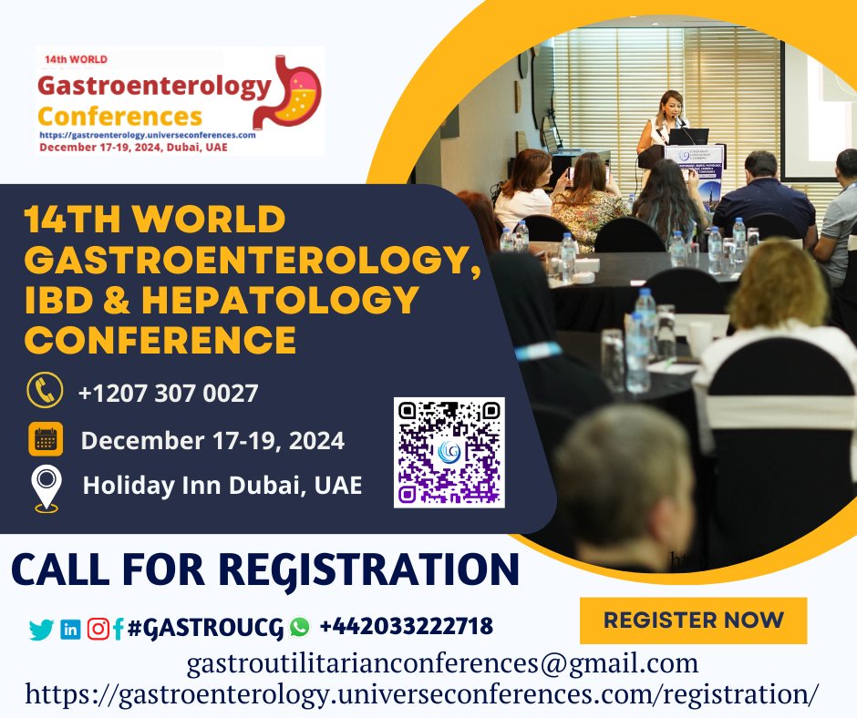 Call for Registration! The 14th World Gastroenterology, IBD & Hepatology Conference from Dec 17-19, 2024, in Dubai, UAE & Virtual wa.me/442033222718?t… …troenterology.universeconferences.com/registration/ #BariatricSurgery #GastricBypass #GastricSleeve #BariatricLife #BariatricSupport #WLSJourney