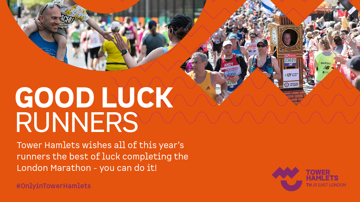 TowerHamletsNow's tweet photo. Our very best wishes to all you incredible and inspiring competitors taking part in the #LondonMarathon. 
We’ll be cheering you on as you pass through the streets of Tower Hamlets.

#OnlyinTowerHamlets https://t.co/2U2EdC9nx0