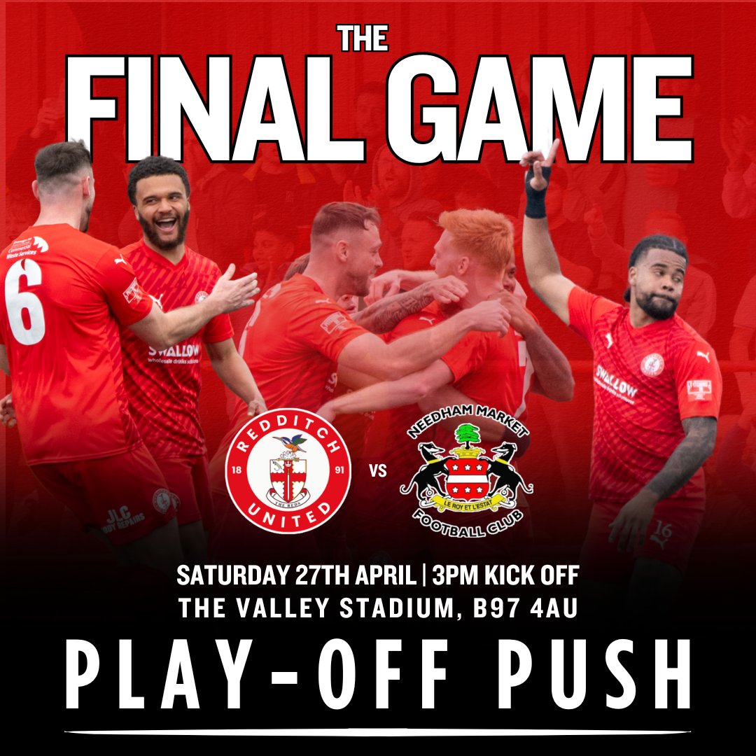 RedditchUtd's tweet image. 𝗧𝗵𝗲 𝗙𝗶𝗻𝗮𝗹 𝗚𝗮𝗺𝗲
A play-off spot is in our hands, 3 points will be enough.

Make sure you're there 👊

More information, including discounted tickets, is available below 👇
redditchunited.co.uk/last-game-of-t…
