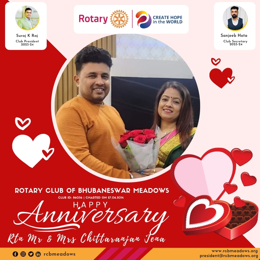 Happy anniversary, Rtn. Chittaranjan! Wishing you another year filled with Rotary's spirit of service, friendship, and community impact. Your dedication to Rotary Club of Bhubaneswar Meadows is truly inspiring. Here's to many more years of making a difference together!