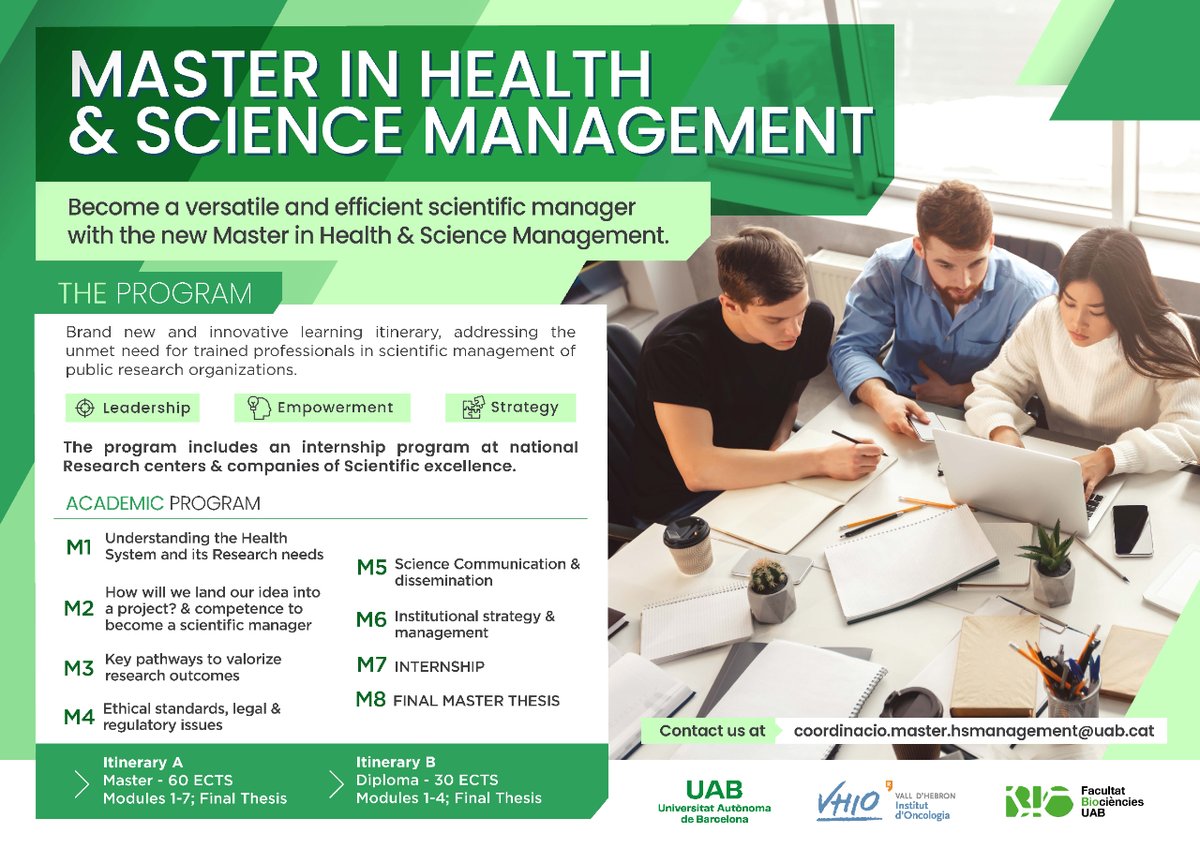 📣 Become a versatile and efficient scientific manager with the new Master's in Health & Science Management, a joint initiative between @UABBarcelona @biocienciesuab & VHIO. Informative session 🗓 25th April 📝 linke.to/HealthScienceW…  ➡️ linke.to/MastersDegreeH…