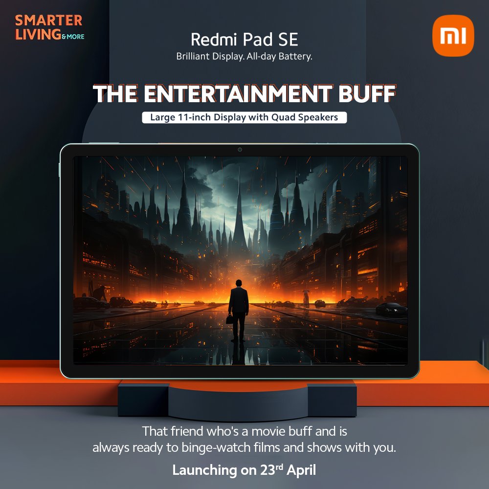 #RedmiPadSE: The Entertainment Buff Whether you're watching movies or playing games, enjoy stunning visuals and crystal-clear sound on #RedmiPadSE's 11-inch display with Dolby Atmos and Quad Speakers. 🎥 Catch the launch on 23rd April, 12 Noon: bit.ly/SmarterLiving_…