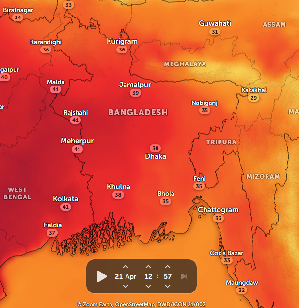 ri_montu's tweet photo. The entire #Bangladesh is marked in #RED on Zoom Earth's 🌡️ map.
#HeatWaves are 🔥blowing across the country. #HeatAlert is going on in #Bangladesh.
#HeatWaves bring more danger to the #climatevulnerable coastal people of #Bangladesh. Crisis is increasing in #Extremeweather. https://t.co/L8Xt0rNpHS
