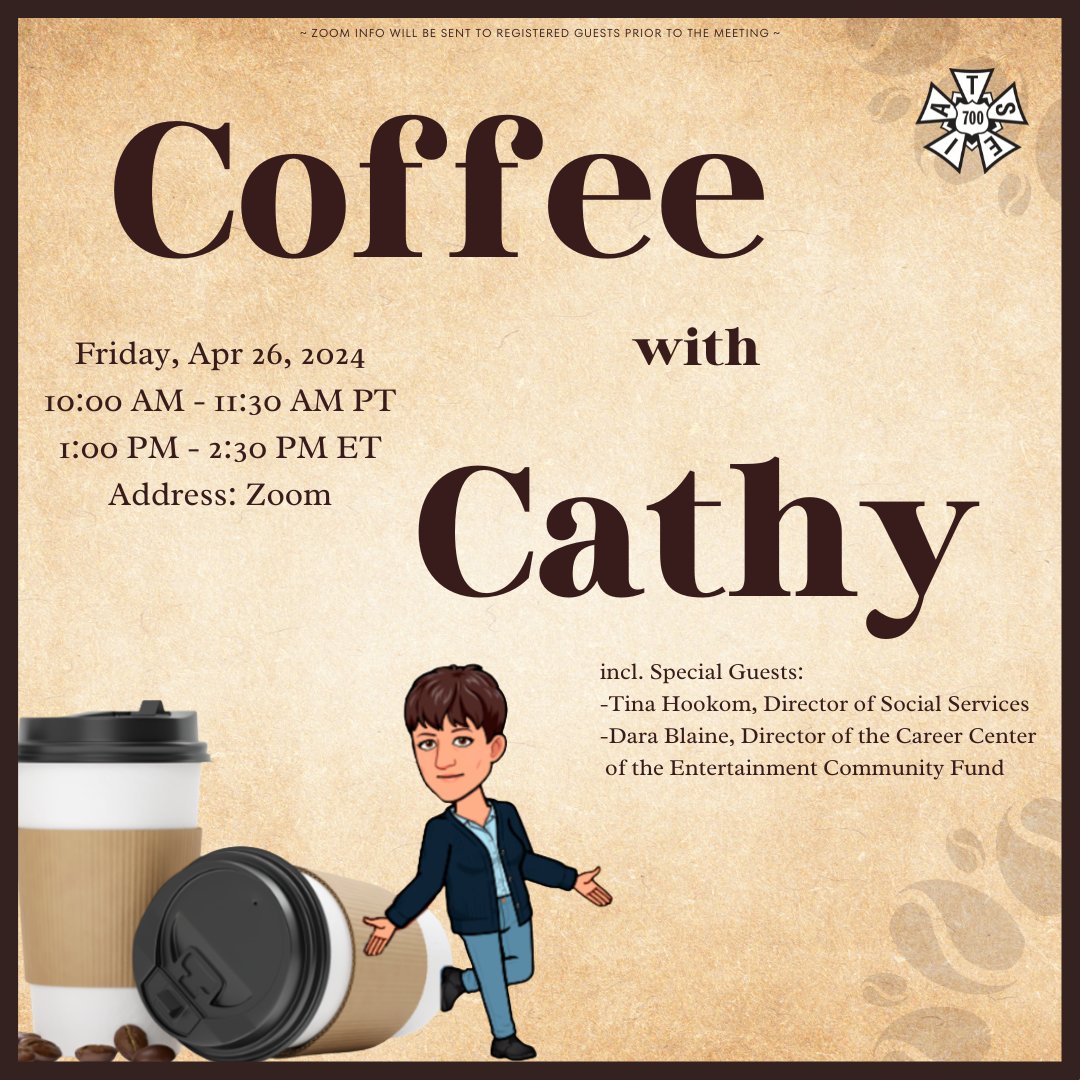 Time for a coffee break!☕ On 4/26, join us via Zoom for Coffee with Cathy and special guests Tina Hookom, Director of Social Services, and Dara Blaine, Director of the Career Center of the Entertainment Community Fund. RSVP Here (Members Only): loom.ly/iTZkn8k