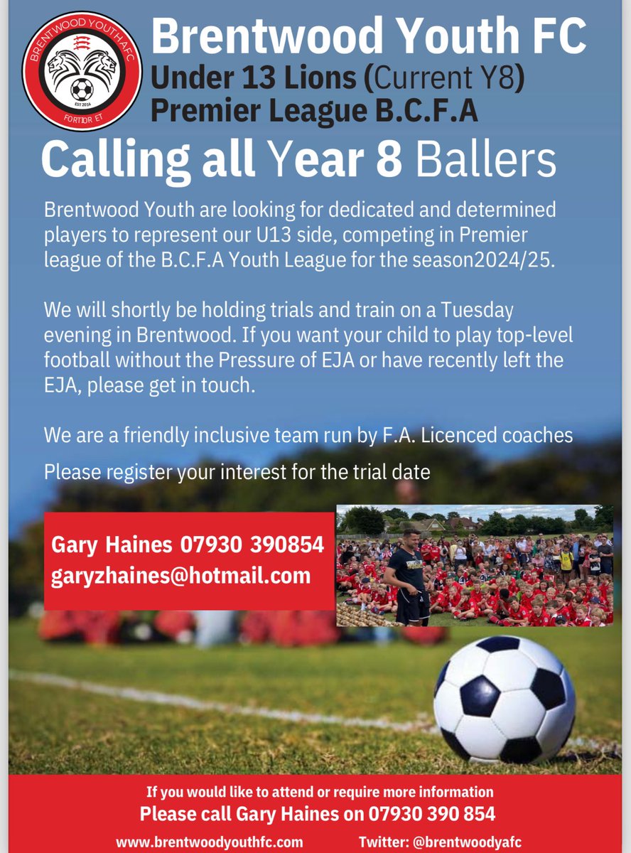 BrentwoodYAFC's tweet photo. Looking for a new challenge?!  
Our current U13 Lions are looking for new players to join. 
If you would like more information, please message Gary on the details 👇 
@EssexCountyFA @Zap_79 https://t.co/4xoNlKVb6Z