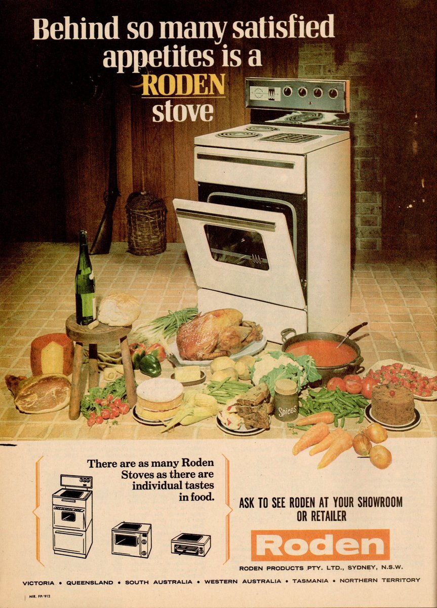 'Behind so many satisfied appetites is a RODEN stove...' Roden. New Idea, 1967.