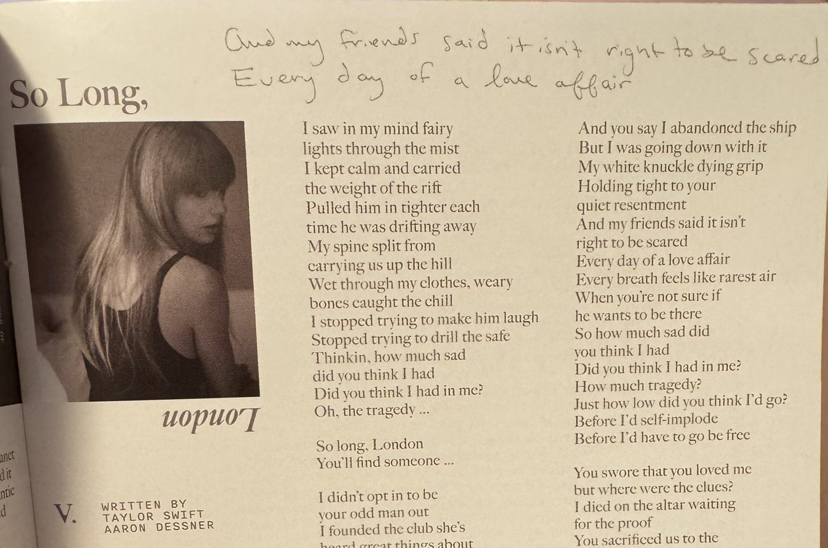 Interesting that Taylor decided to write out this specific lyric for So Long. London.