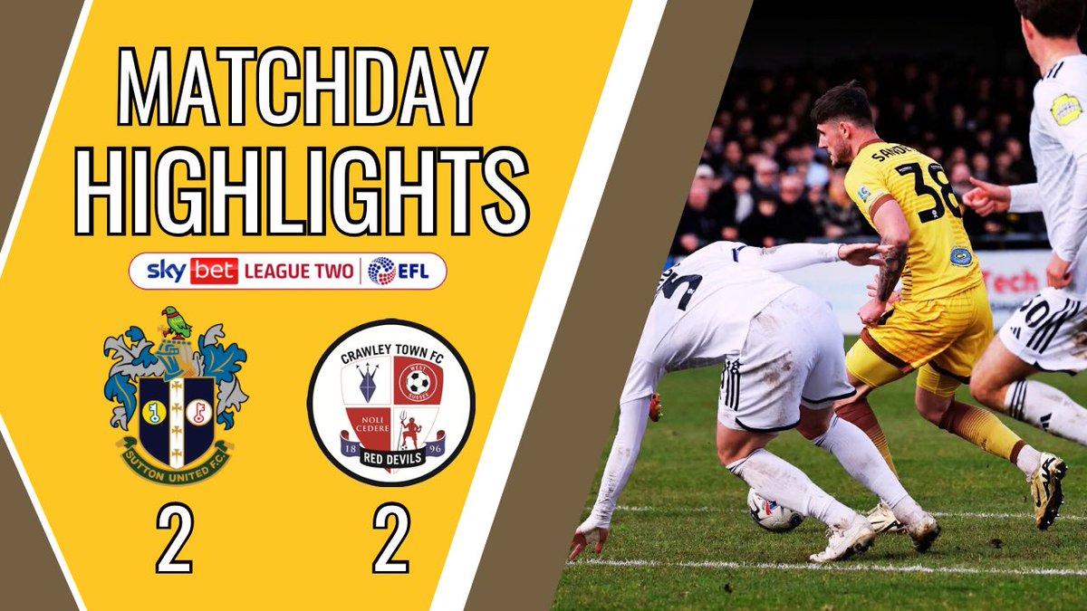 HIGHLIGHTS <a href="/suttonunited/">Sutton United</a> vs <a href="/crawleytown/">Crawley Town FC</a> 20/04/24 <a href="/SkyBetLeagueTwo/">Sky Bet League Two</a>

📺🔗 youtu.be/mV0wXF_-r7o?si… 

Photographer 📸 <a href="/paulloughlin/">Paul Loughlin</a>