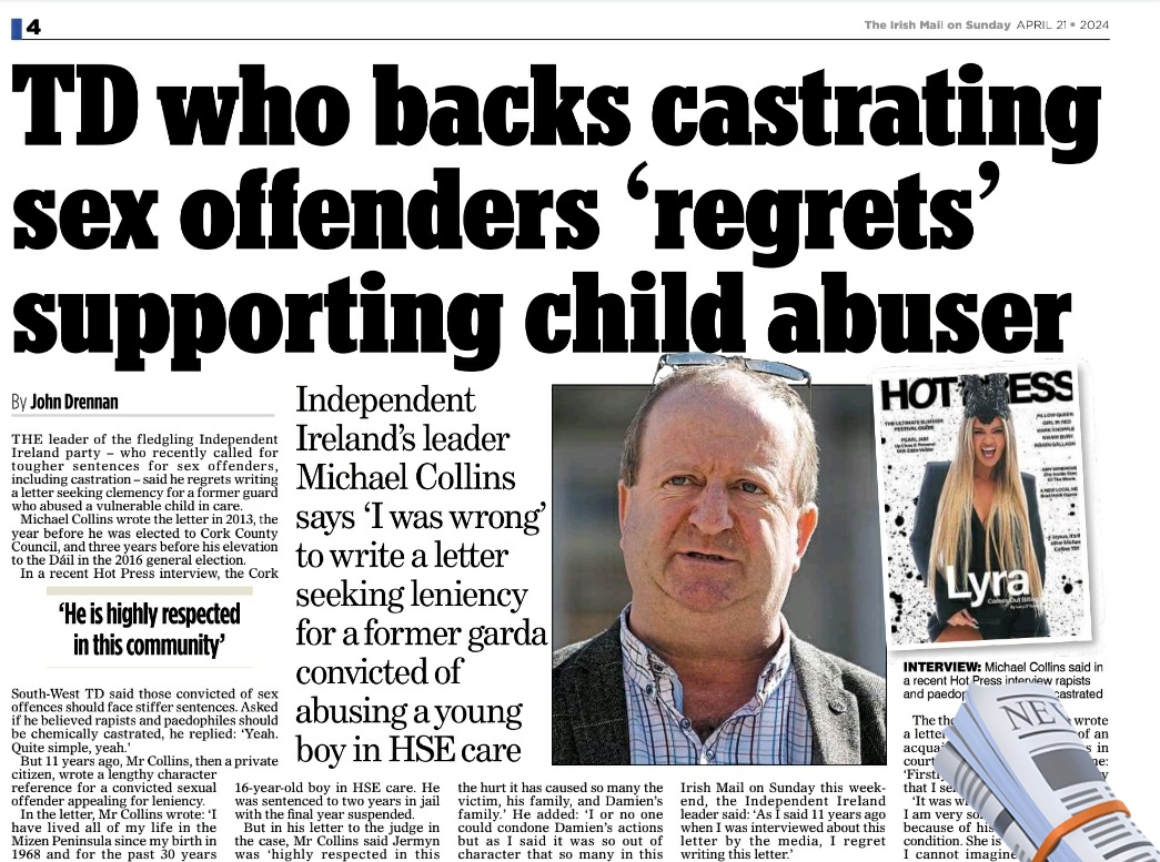 The leader of the fledgling Independent party - who recently called for tougher sentences for sex offenders, including castration - said he regrets writing a letter seeking clemency for a former guard who abused a vulnerable child in care.

Michael Collins wrote the letter in