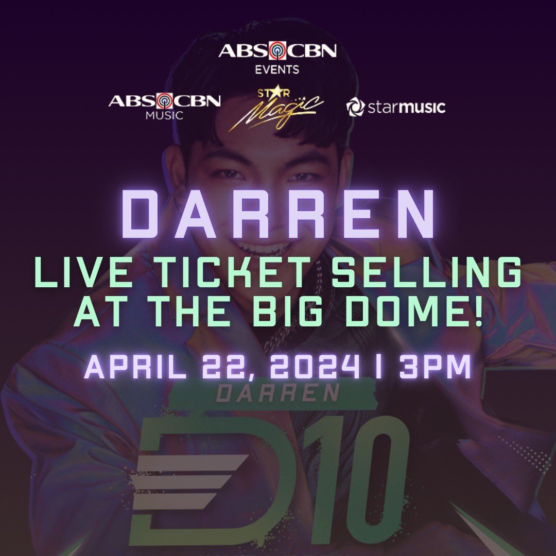 DARRENATICS, TOMORROW IS YOUR LUCKY DAY! 💚 Darren himself will be handling #D10’s concert ticket selling at the Araneta Coliseum, 3PM 😍 May ticket ka na? Bili ka ulit para sa family and friends mo 😉 #DARREN #ABSCBNEvents #StarMusicPH