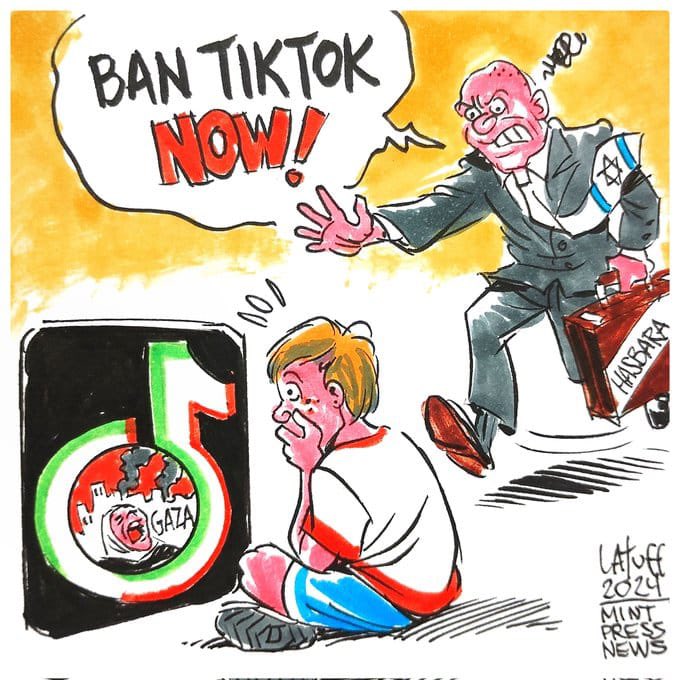 The Israel lobby now is pushing for a TikTok ban to suppress the remembrance of Gaza among young people. Cartoon by: Carlos Latuff