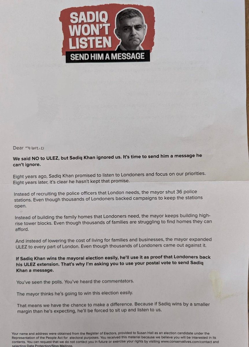 AdamBienkov's tweet photo. Conservative London mayoral candidate Susan Hall's campaign puts out a leaflet urging voters to vote for "someone else" other than Sadiq Khan, to ensure he "wins by a smaller margin than he's expecting".

No mention of Hall apart from in the legally-required small print imprint. https://t.co/pHDUtNSqYi