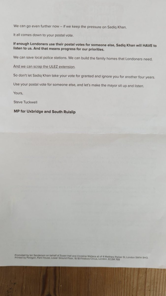 Conservative London mayoral candidate Susan Hall's campaign puts out a leaflet urging voters to vote for 'someone else' other than Sadiq Khan, to ensure he 'wins by a smaller margin than he's expecting'. No mention of Hall apart from in the legally-required small print imprint.