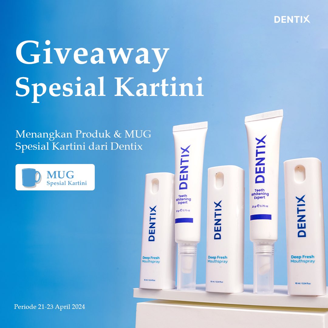 DentixOfficial's tweet photo. 💙Selamat Hari Kartini untuk Wanita Indonesia 💙
#Giveaway Spesial Kartini dari Dentix
Caranya mudah :
✨Follow #Dentix
✨💙 & 🔁 Postingan ini
✨Upload foto perempuan tangguhmu di komen (diri sendiri diperbolehkan)
5 produk & MUG Spesial untuk 5 orang pemenang. https://t.co/YcfEwjYuB9