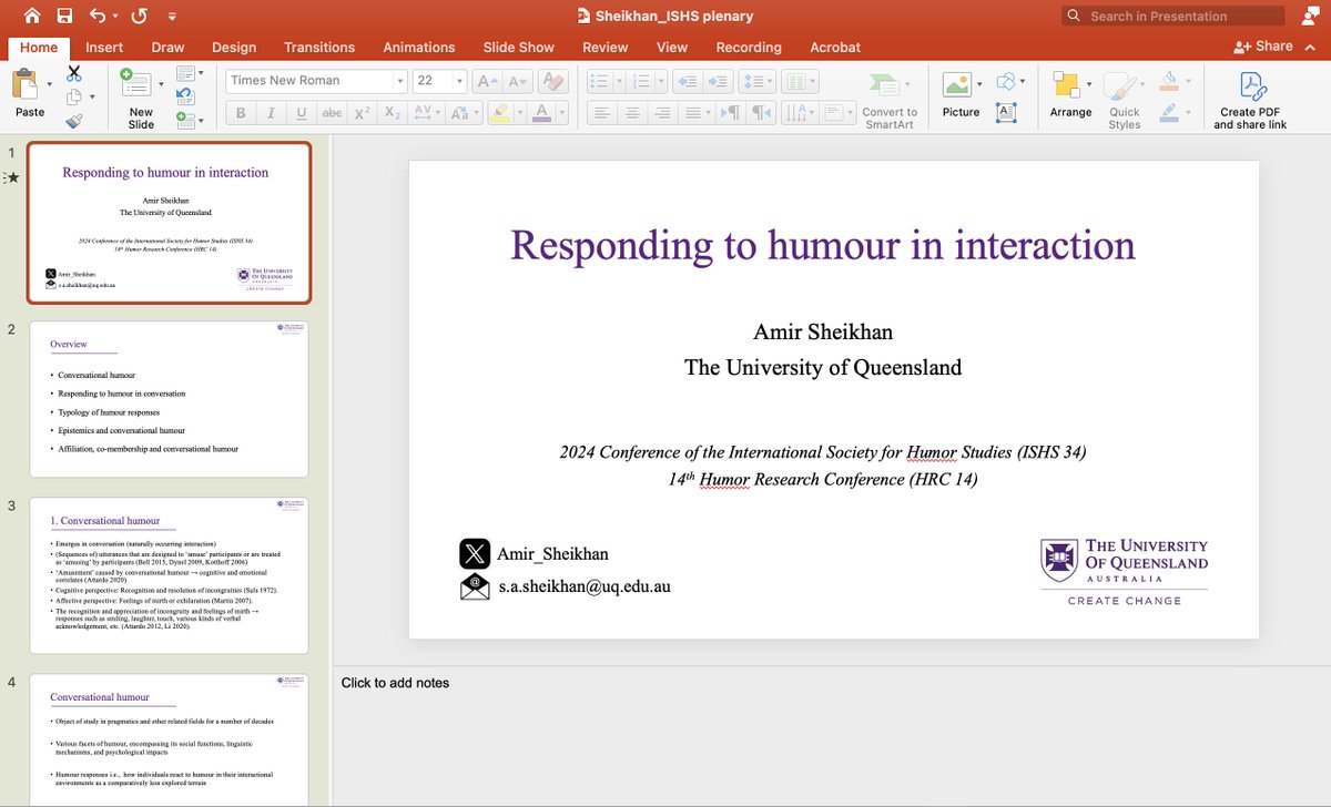 Putting the finishing touches on the slides for my first plenary talk!!👨‍💻

In this talk tonight for the 34th Conference of the International Society for Humor Studies, I'll discuss responding to humour in interaction and considerations for a more nuanced theory of humour!