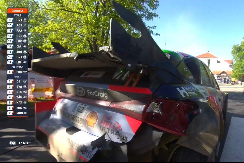 Disasterous SS18 for Fourmaux, Evans and Neuville, with this one losing the rear wing and multiple damages on the front splitter and rear right wheel arch that will impact his performance for the rest of the day #WRClive #WRCliveES #WRCjp #CroatiaRally
