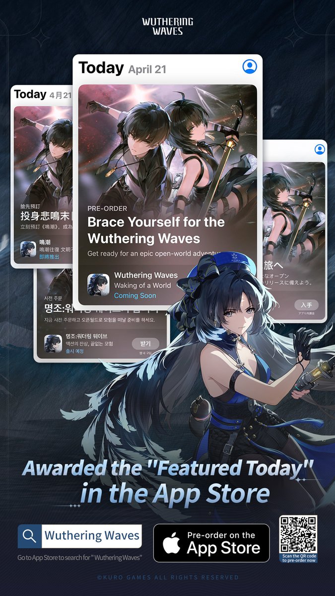 Wuthering_Waves's tweet photo. Dear Rovers, 
Wuthering Waves is in the App Store's "Featured Today", thanks to your support! You can go to the App Store to pre-order Wuthering Waves. 
Wuthering Waves will be globally available across multiple platforms on 05/22(PT). 
Pre-register now: https://t.co/k8GvoB63h8 https://t.co/wkb4OQx6qR