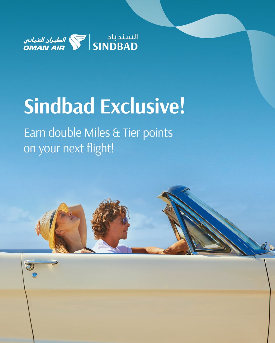 For a limited time only, our #Sindbad members can earn 2x Miles plus 2x Tier points when booking an international flight on omanair.com Not a member? Sign up now bit.ly/JoinSindbad0424 and earn an additional 1000 Sindbad miles.