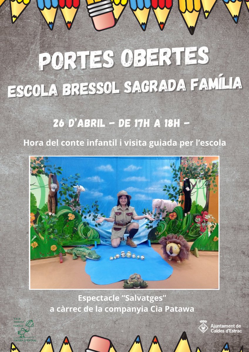 🏫 Aquest divendres 26 d'abril, jornada de portes obertes a l'Escola Bressol Sagrada Família! 😊🎒 📚 La visita guiada es farà de 16 a 17 h i, tot seguit, l'hora del conte infantil amb l'espectacle 'Salvatges', a càrrec de la companyia @cia_patawa.