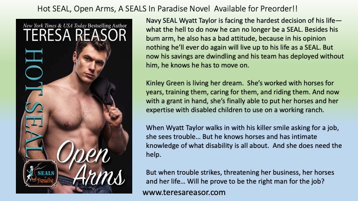 RT@teresareasor Not just another cowboy story! Navy SEAL Wyatt Taylor faces the hardest decision of his life—what to do now he can no longer be a SEAL. Can he find a new purpose and place for himself on Kinley Green's ranch? amazon.com/SEAL-Open-Arms…