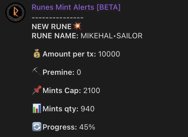 AlertBrc20's tweet image. Last runes mint alerts from bot 🤖

🔥WADDLE•WADDLE•PENGU alert at 45% minted
🔥MIKEHAL•SAILOR alert at 45% minted

Beta is cooking 🧑‍🍳