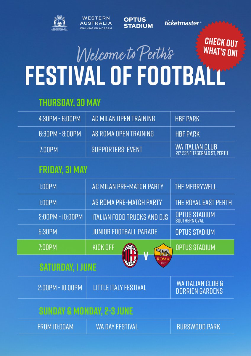 The Western Australian Government led by Deputy Premier Rita Saffioti MLA is putting on a great week for the arrival of @acmilan @ASRomaEN into Perth in late May 2024. There are still tickets available at: ticketmaster.com.au